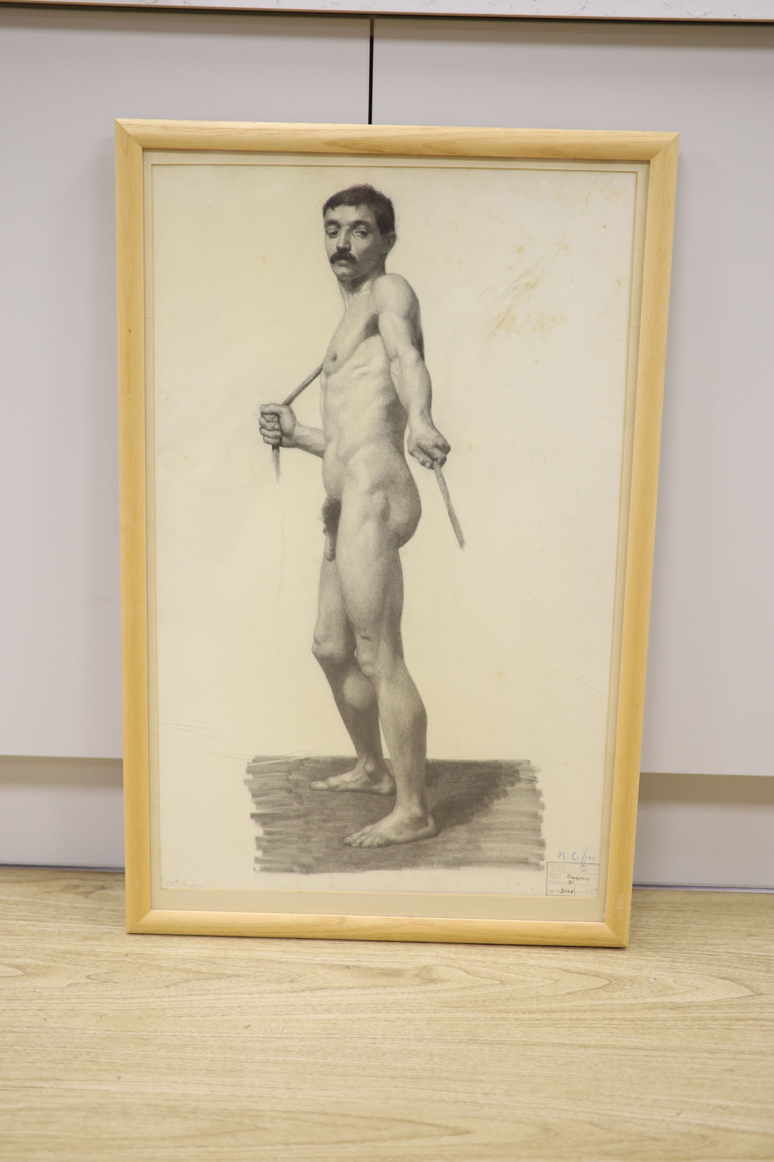 F. Gregory 1895, charcoal study, Standing male nude, with Art College stamp, 69 x 43cm